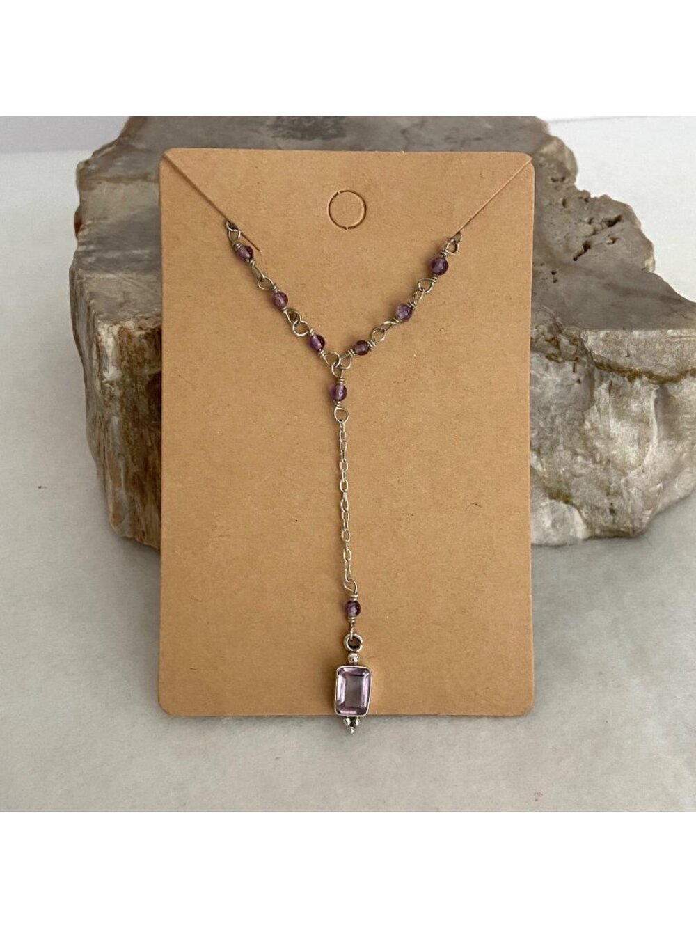 Sterling Silver 925 Dainty Beaded Amethyst Cable Chain Y Pendant Necklace 18"